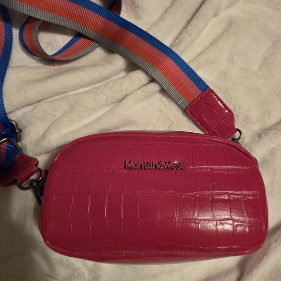 Montana West Handbags - Montana West Bright Pink Croc-Embossed Crossbody with Multicolor Webbed Strap